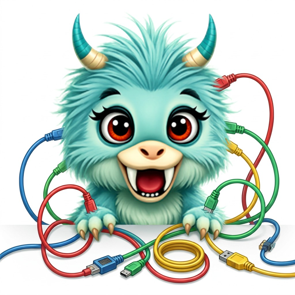 Yeti tangled in colourful cables and connectors